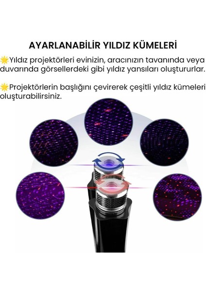 USB Lazer Yıldız Projektörü 2 Adet Kırmızı Mor Gece Lambası Oto Aksesuarı