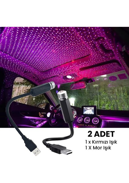 USB Lazer Yıldız Projektörü 2 Adet Kırmızı Mor Gece Lambası Oto Aksesuarı
