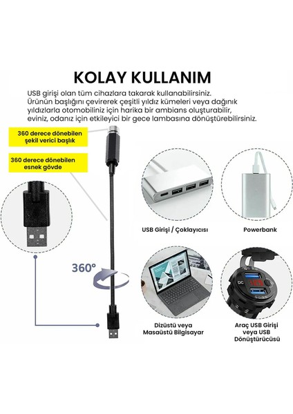 USB Lazer Yıldız Projektörü 2 Adet Kırmızı Mor Gece Lambası Oto Aksesuarı