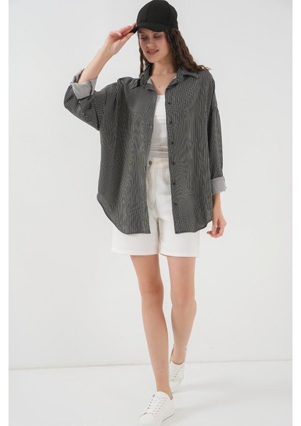 Çizgili Oversize Gömlek 20295 - Siyah fiyatları