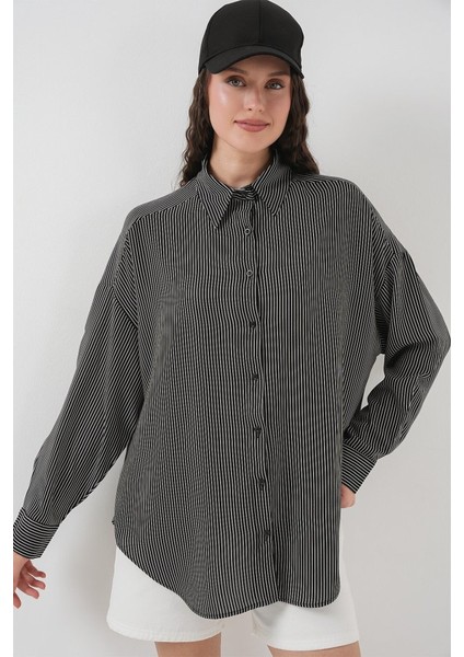 Çizgili Oversize Gömlek 20295 - Siyah modelleri