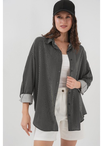 Çizgili Oversize Gömlek 20295 - Siyah indirimleri