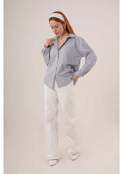 Çizgili Tek Cepli Klasik Kesim Düğmeli Mavi Gömlek fiyatları