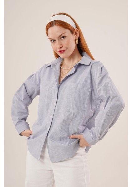 Çizgili Tek Cepli Klasik Kesim Düğmeli Mavi Gömlek modelleri