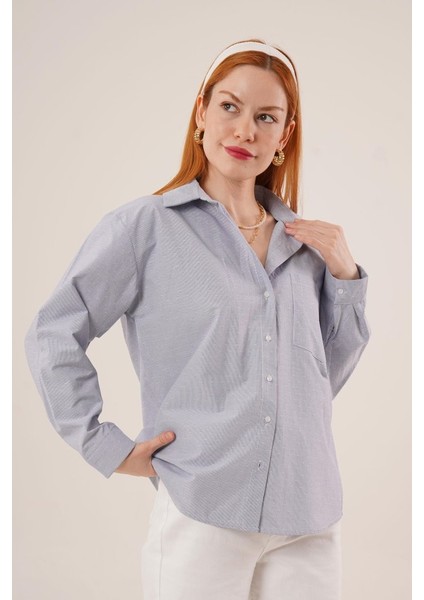Çizgili Tek Cepli Klasik Kesim Düğmeli Mavi Gömlek indirimleri