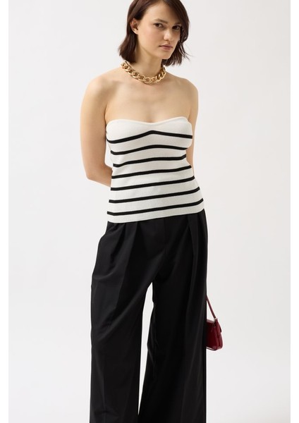 Munn Collection Çizgili Straplez Dokulu Bluz modelleri