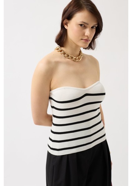 Munn Collection Çizgili Straplez Dokulu Bluz fırsatları