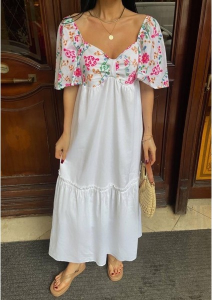 Renkli Nakış Desenli Elbise - Beyaz fiyatları