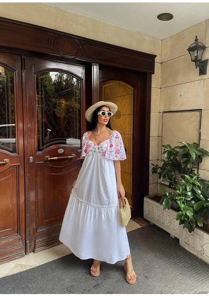 Renkli Nakış Desenli Elbise - Beyaz fırsatları