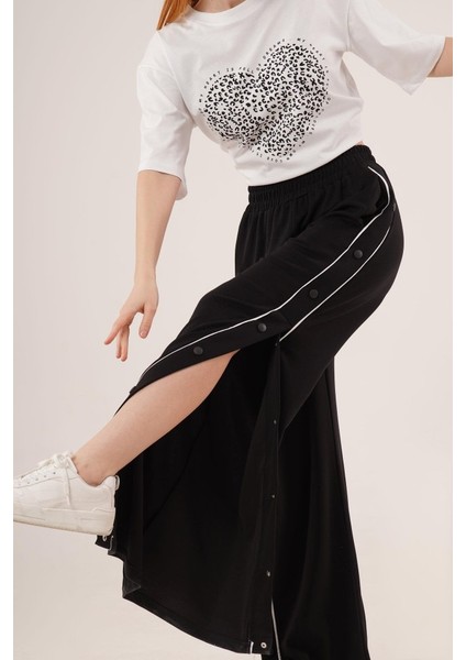 Boydan Çıtçıtlı Bel Lastikli Geniş Paça Siyah Eşofman modelleri