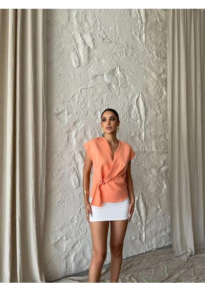 Munn Collection Yandan Bağlama Detaylı Kolsuz Bluz - Somon modelleri