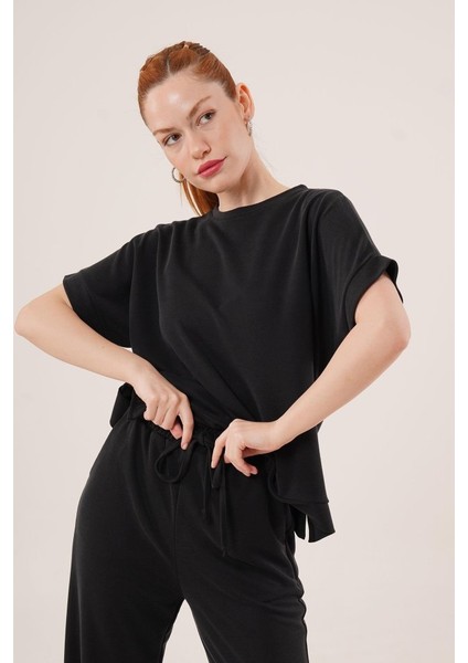 Munn Collection Modal Kısa Kollu Üst ve Geniş Paça Eşofman Ikili Siyah Takım