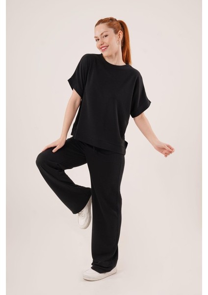 Munn Collection Modal Kısa Kollu Üst ve Geniş Paça Eşofman Ikili Siyah Takım