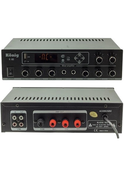 König K-80 80W Usb-Sd-Bluetooth Destekli 2 Bölgeli Trafolu Mixer Anfi