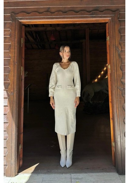 Ekru Geniş Boğazlı Elbise fiyatları