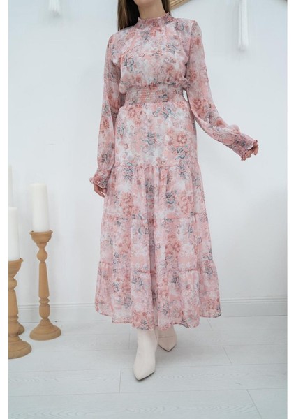 Pembe Şanzelize Çiçek Desenli Elbise modelleri