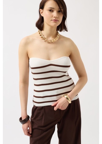 Munn Collection Çizgili Straplez Dokulu Bluz