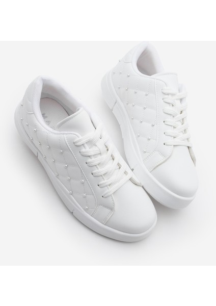Kadın Sneaker İncili Kapitone Dikişli Spor Ayakkabı Sofez Beyaz