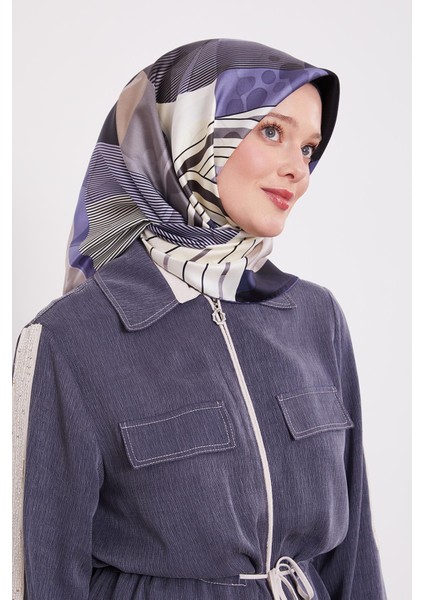 Indigo Labirent Desen Twill Ipek Eşarp