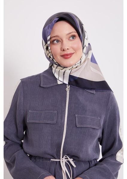Indigo Labirent Desen Twill Ipek Eşarp