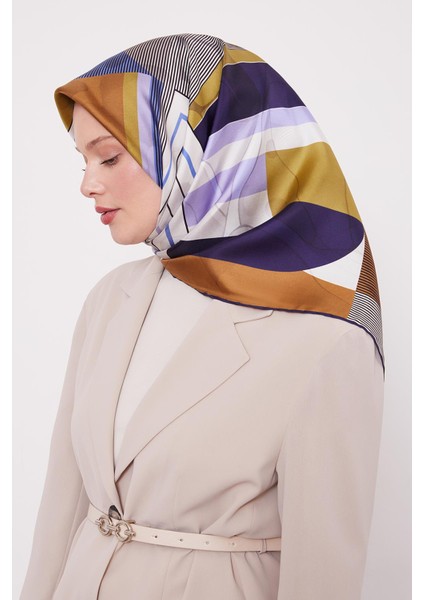 Lacivert Labirent Desen Twill Ipek Eşarp
