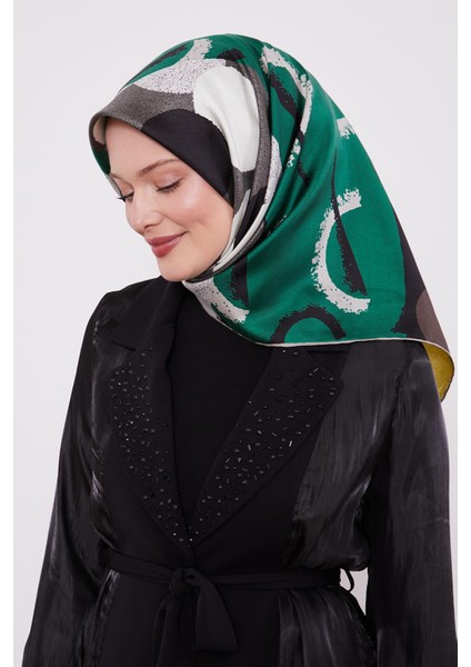 Siyah Yuvarlak Desen Twill İpek Eşarp