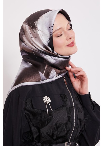 Siyah Soyut Yaprak Desen Twill Ipek Eşarp