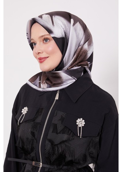 Siyah Soyut Yaprak Desen Twill Ipek Eşarp fiyatları