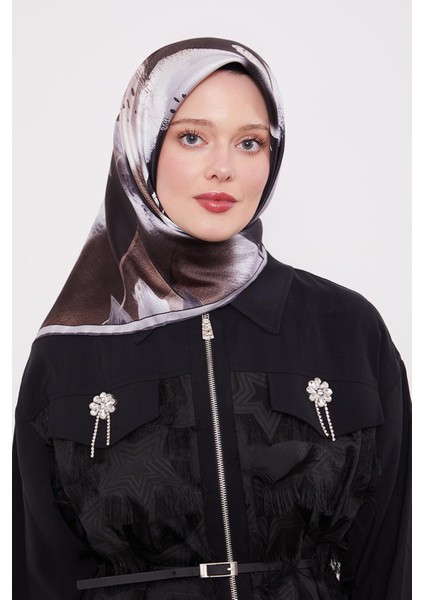 Siyah Soyut Yaprak Desen Twill Ipek Eşarp modelleri