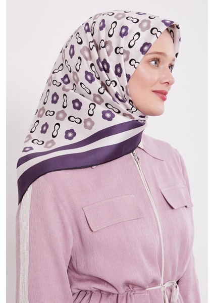 Mor Papatya Desen Twill Ipek Eşarp