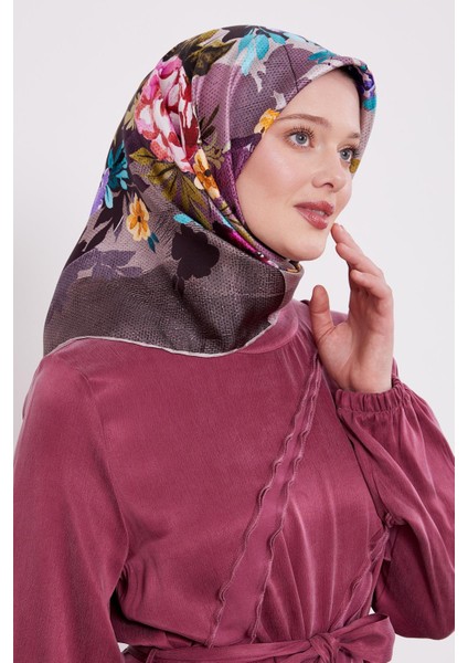 Pudra Çiçek Desen Twill Ipek Eşarp