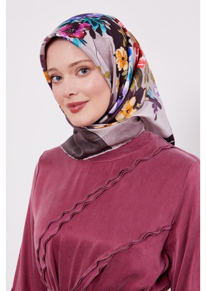 Pudra Çiçek Desen Twill Ipek Eşarp