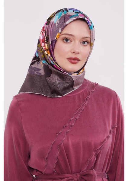 Pudra Çiçek Desen Twill Ipek Eşarp