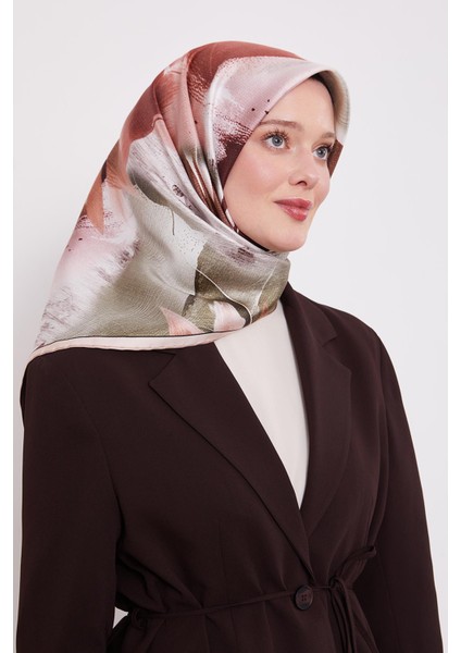 Pudra Soyut Yaprak Desen Twill Ipek Eşarp
