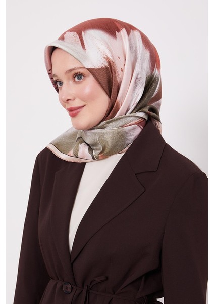 Pudra Soyut Yaprak Desen Twill Ipek Eşarp