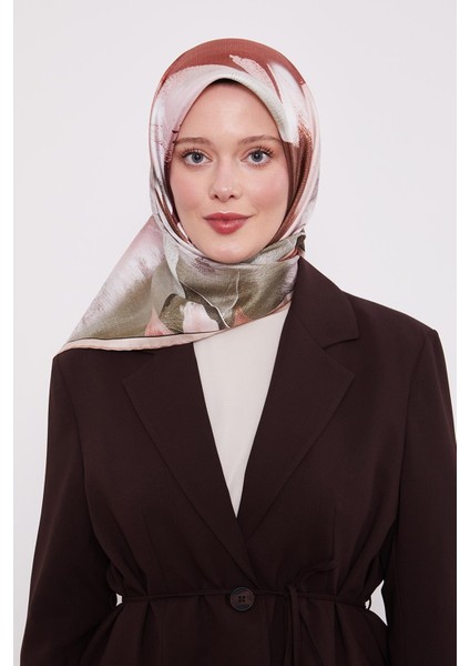 Pudra Soyut Yaprak Desen Twill Ipek Eşarp