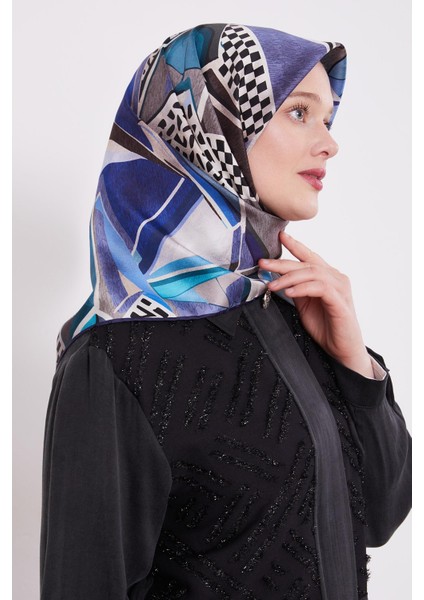 Lacivert Dama Desen Twill Ipek Eşarp
