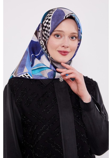 Lacivert Dama Desen Twill Ipek Eşarp modelleri