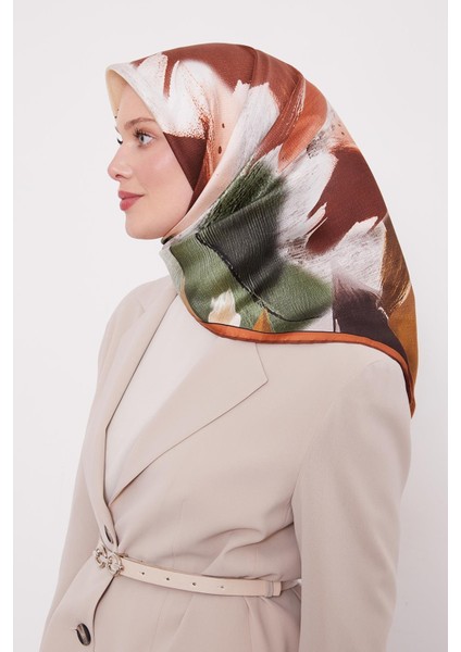 Kiremit Soyut Yaprak Desen Twill Ipek Eşarp