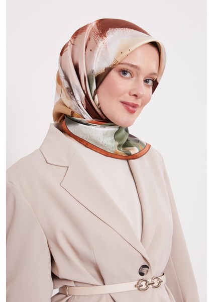 Kiremit Soyut Yaprak Desen Twill Ipek Eşarp
