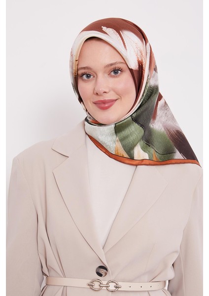 Kiremit Soyut Yaprak Desen Twill Ipek Eşarp