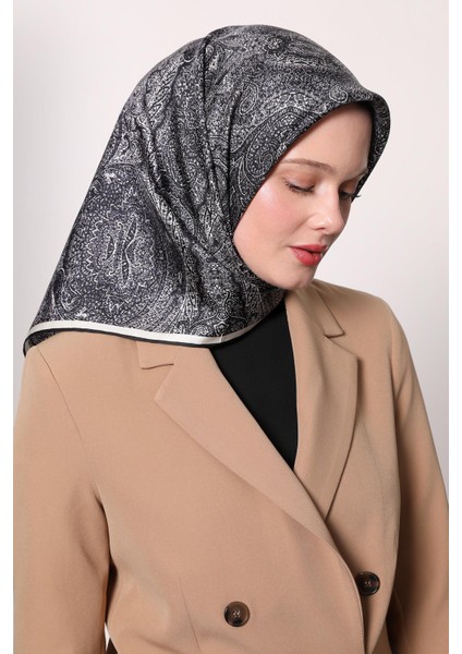 Lacivert - Ekru Soyut Etnik Desen Twill Ipek Eşarp fiyatları