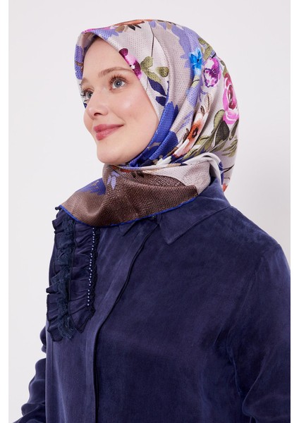 Saks Çiçek Desen Twill Ipek Eşarp