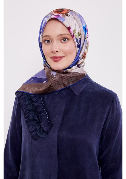Saks Çiçek Desen Twill Ipek Eşarp