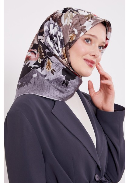 Gümüş Çiçek Desen Twill Ipek Eşarp