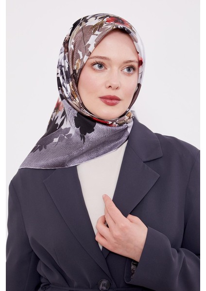 Gümüş Çiçek Desen Twill Ipek Eşarp