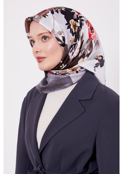 Gümüş Çiçek Desen Twill Ipek Eşarp