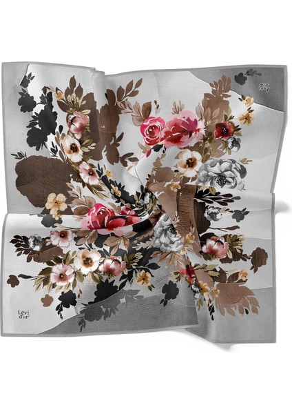 Gümüş Çiçek Desen Twill Ipek Eşarp