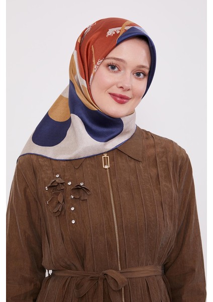 Indigo Dalga Desen Twill Ipek Eşarp