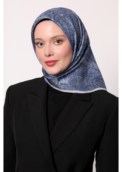Mavi Soyut Etnik Desen Twill Ipek Eşarp